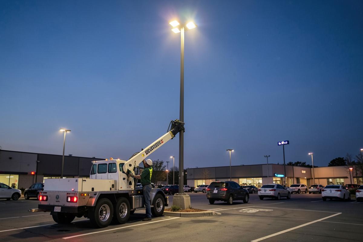 Bucket truck servicing a parking-lot light pole at twilight