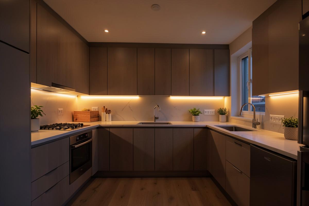 Finished kitchen with new recessed and under-cabinet LED lighting installed